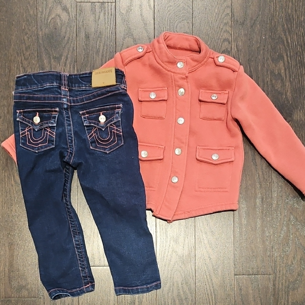 💯 Auth True Religion Kids Pink Fleece Jacket+ jeans 24mth